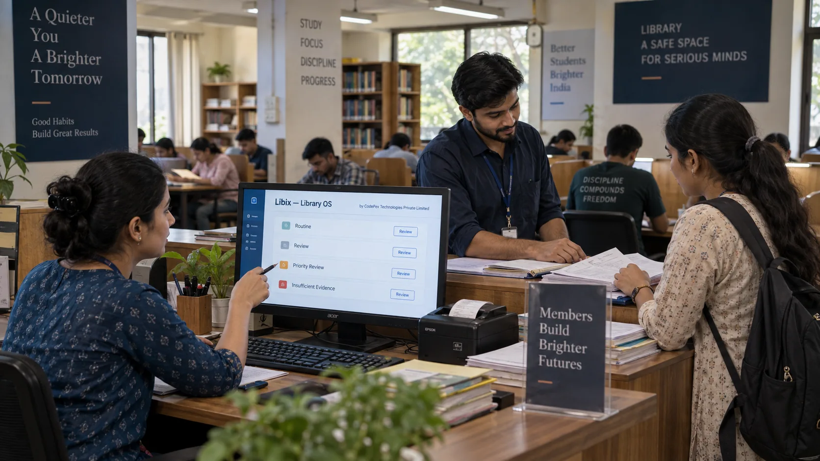 Young Indian study library staff reviewing Libix membership renewal insights before member follow-up