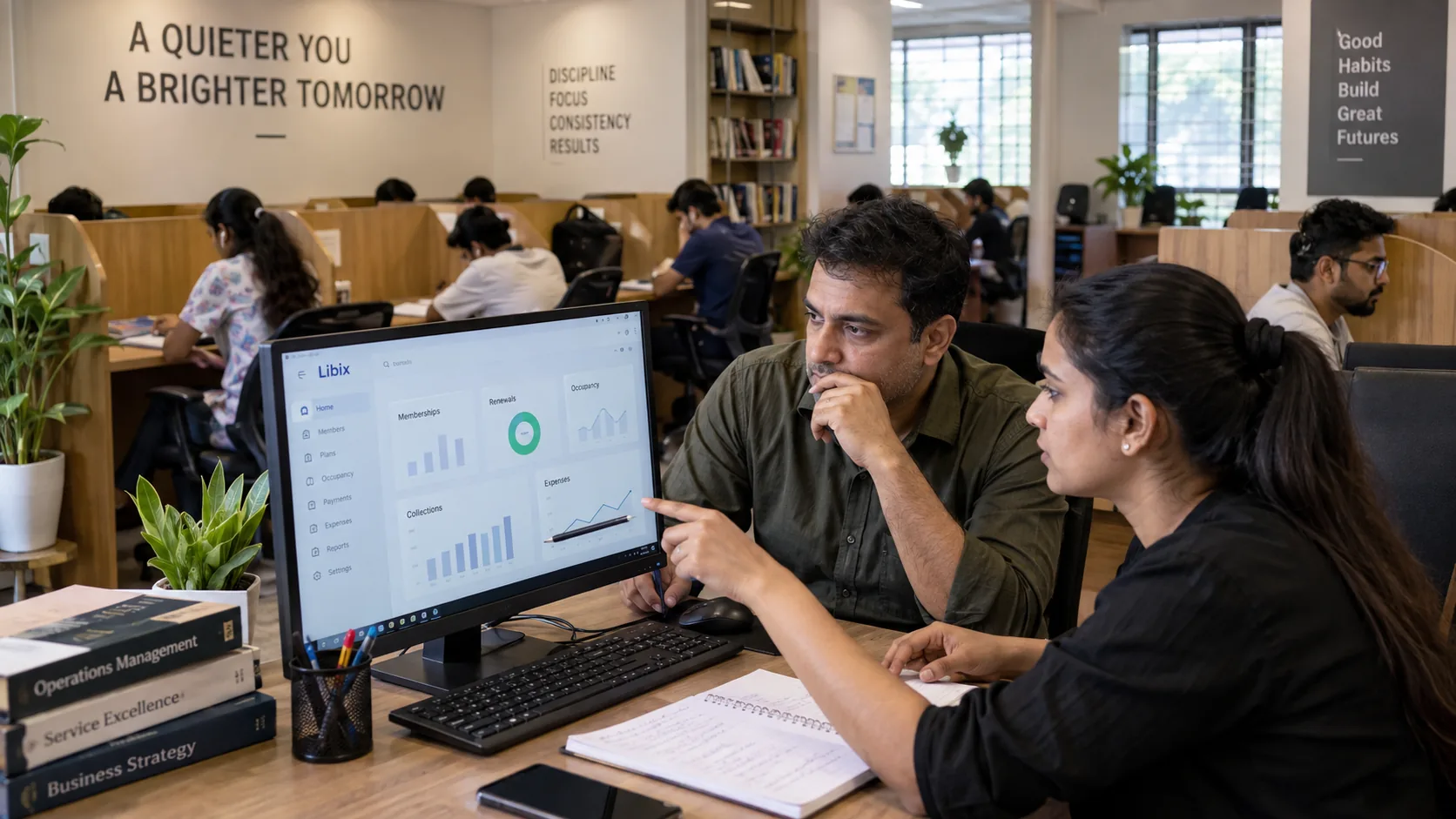 Indian study library owner reviewing Libix operational information before making a business decision