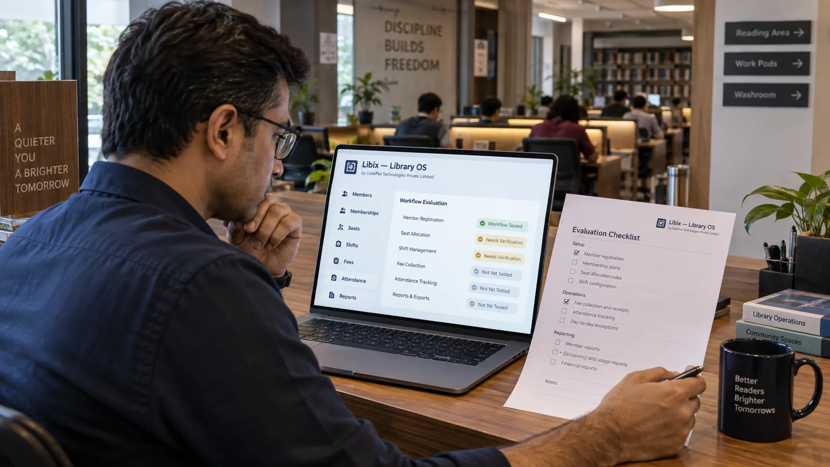 Indian study library owner evaluating management software in Libix Library OS with a workflow checklist