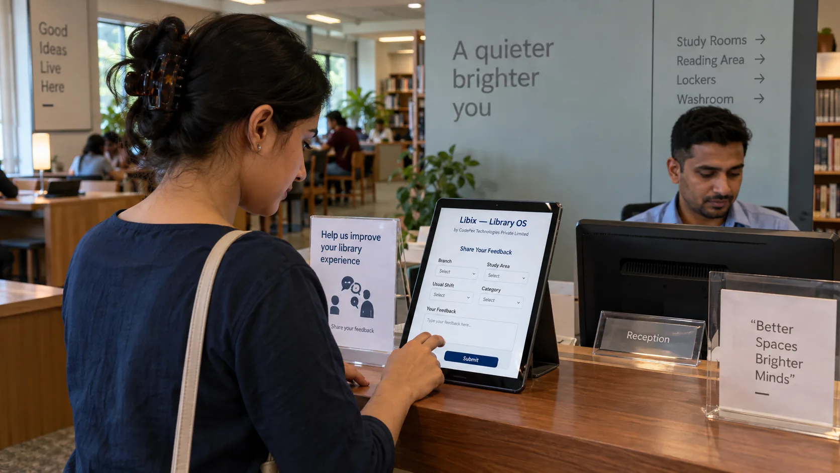 Adult study library member giving structured feedback through a Libix branded feedback interface