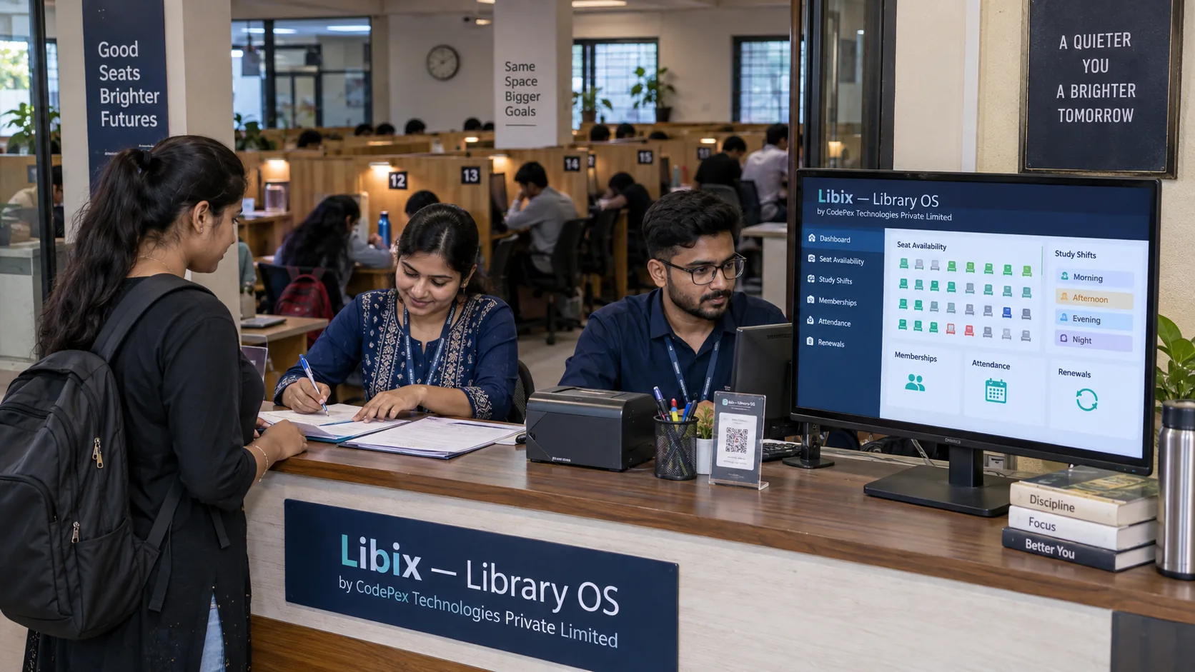 Indian study library staff managing seats shifts and memberships for competitive exam aspirants using Libix