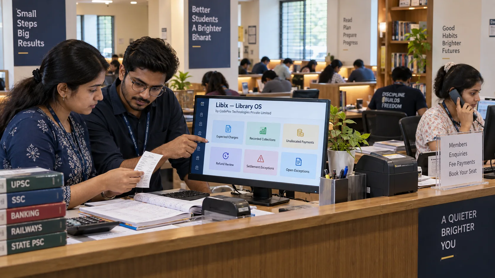 Young Indian study library staff using Libix to review membership fees, payments and revenue exceptions