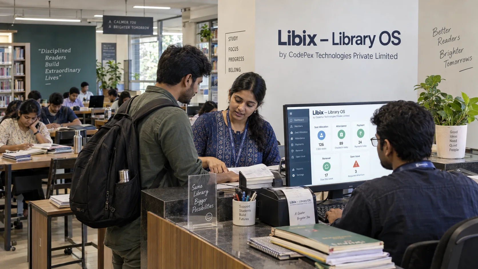 Young Indian staff assisting study-library members with future-ready membership and seat operations using Libix
