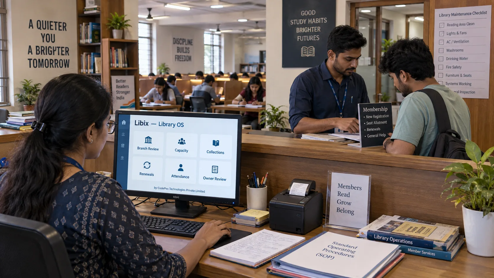 Young study library manager using Libix for multi-branch capacity collections and operational reporting in India