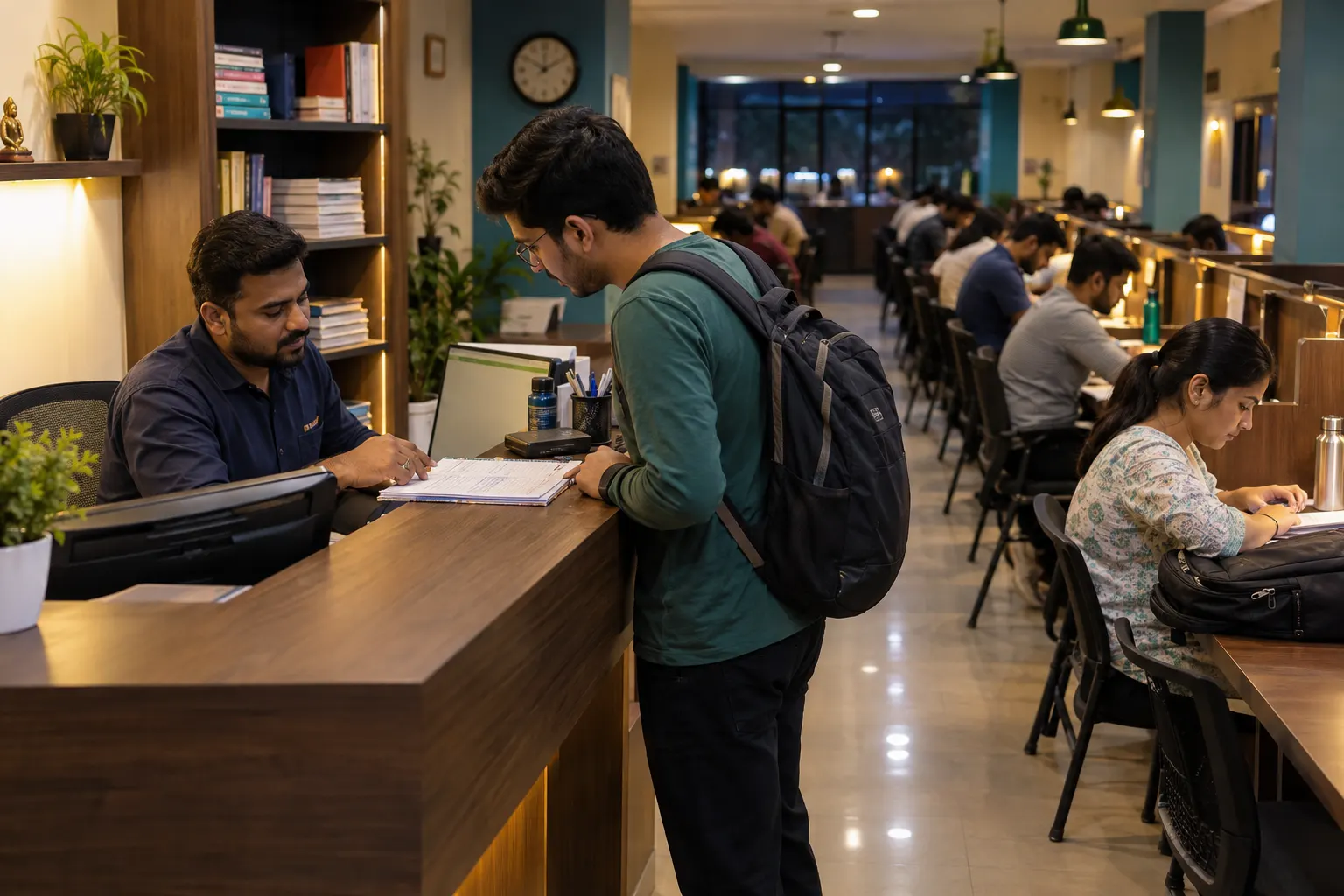 Study library staff managing membership access and shifts during an evening changeover in Aurangabad
