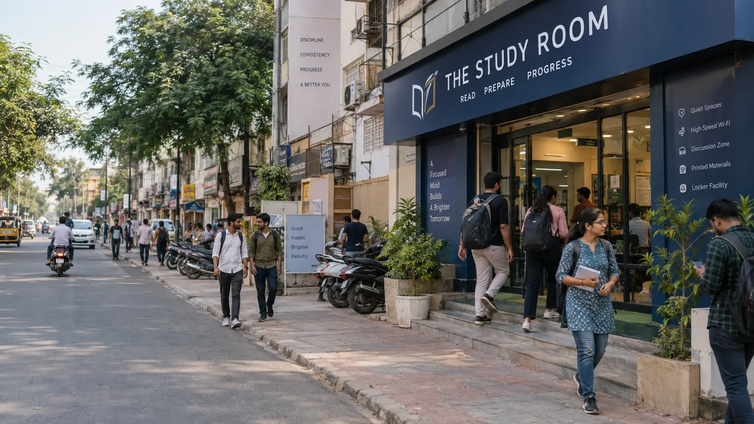 Young adult competitive exam aspirants near a paid study library in Bhopal