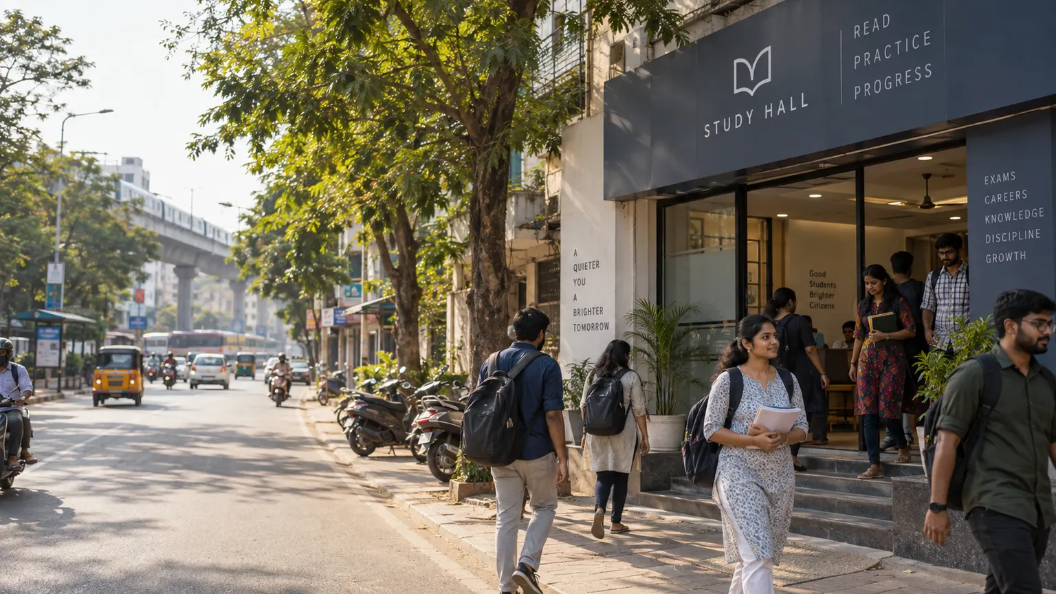 Young adult students and competitive exam aspirants near a paid study hall in Chennai