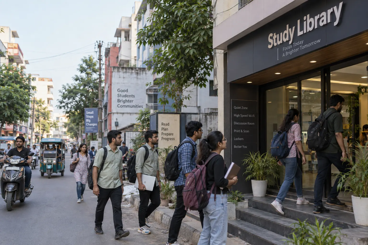 Young adult competitive exam aspirants near a paid study library in Gorakhpur