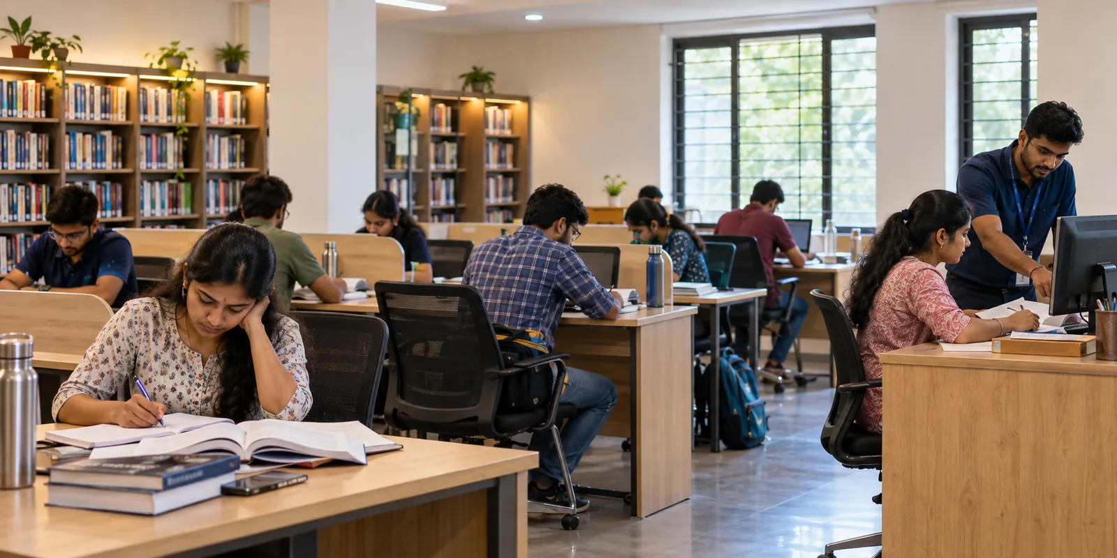 Adult learners studying while a staff member assists at a contemporary paid study library in Hubballi–Dharwad