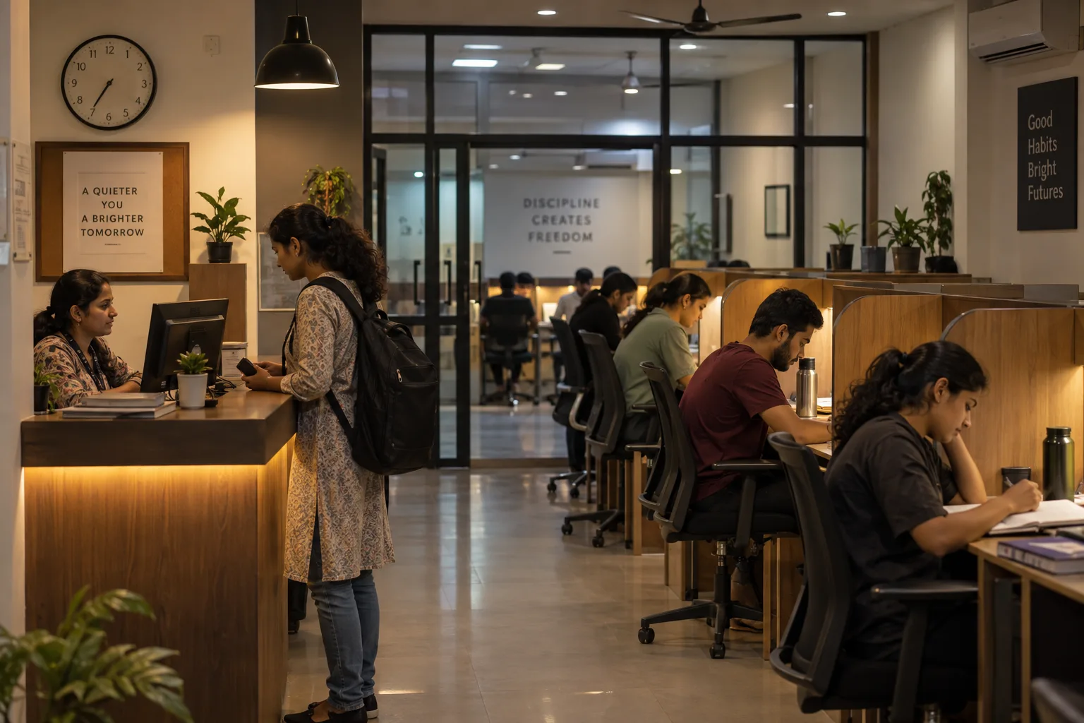Evening member operations at a paid study library in Kochi