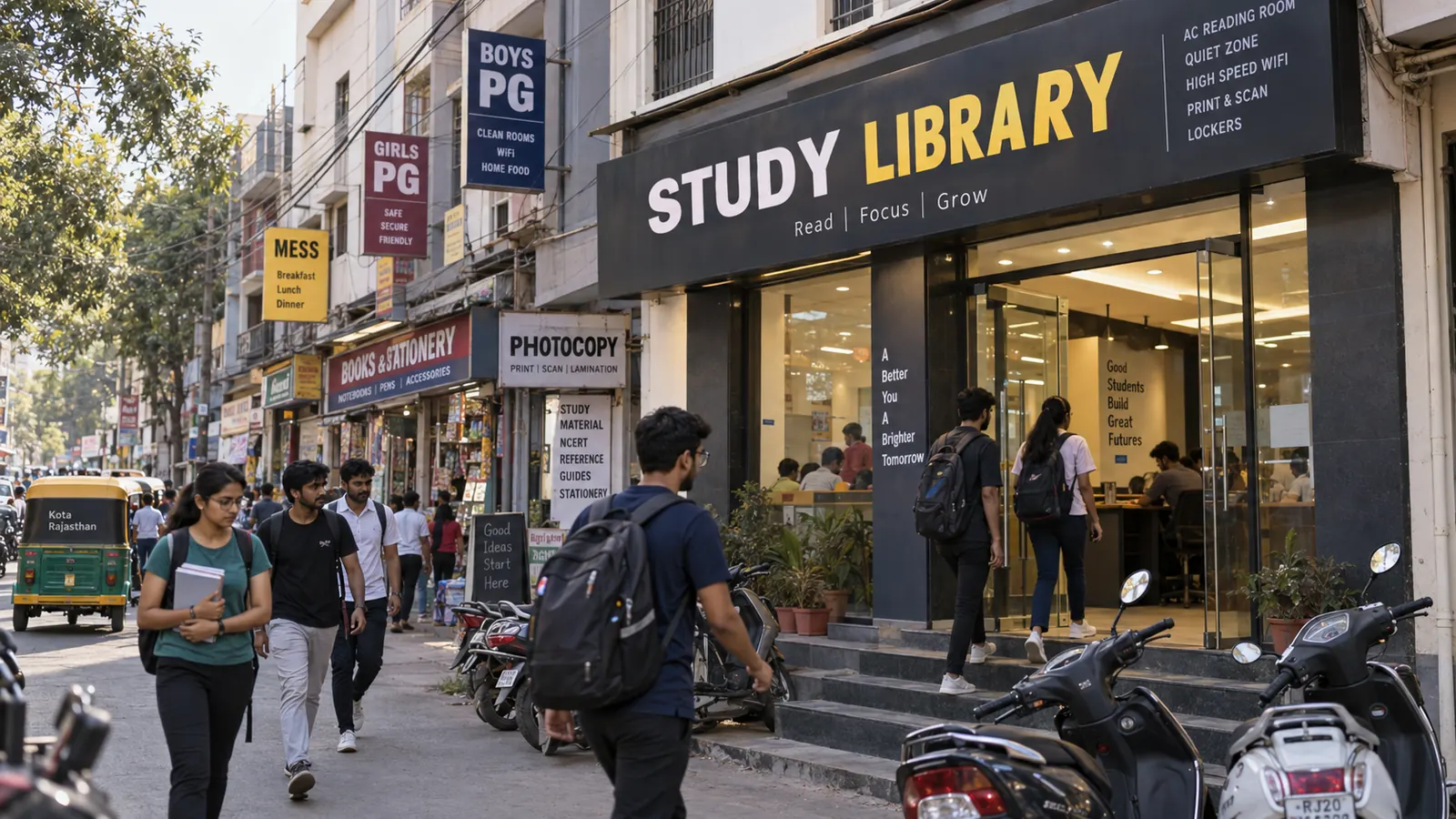 Students entering a study library in Kota's coaching and hostel district