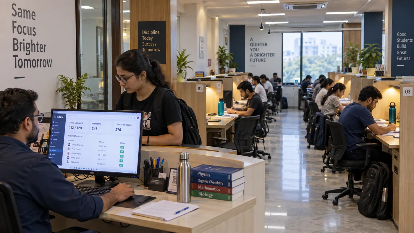 JEE and NEET aspirants studying while staff use Libix in a Kota study library