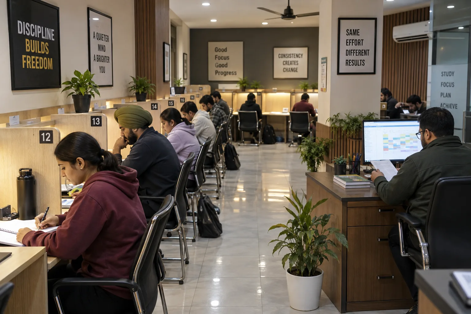 Study library staff reviewing seat allocations and study-shift availability in Ludhiana