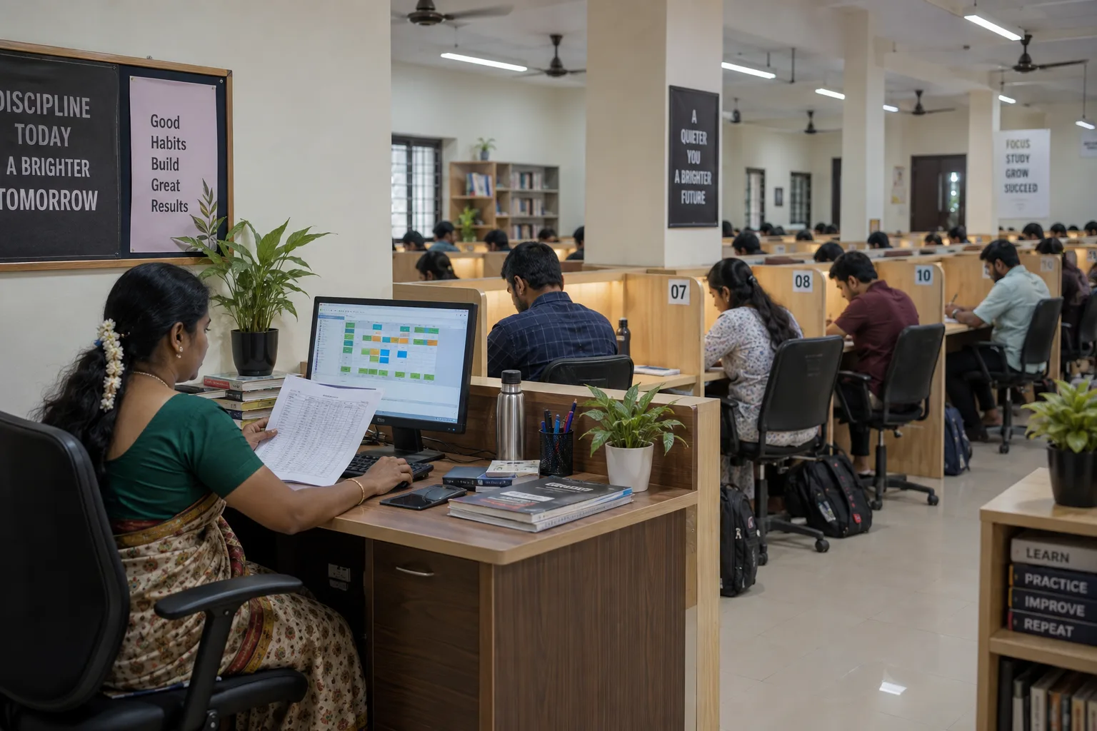 Study library staff reviewing seat zones and shift availability in Madurai