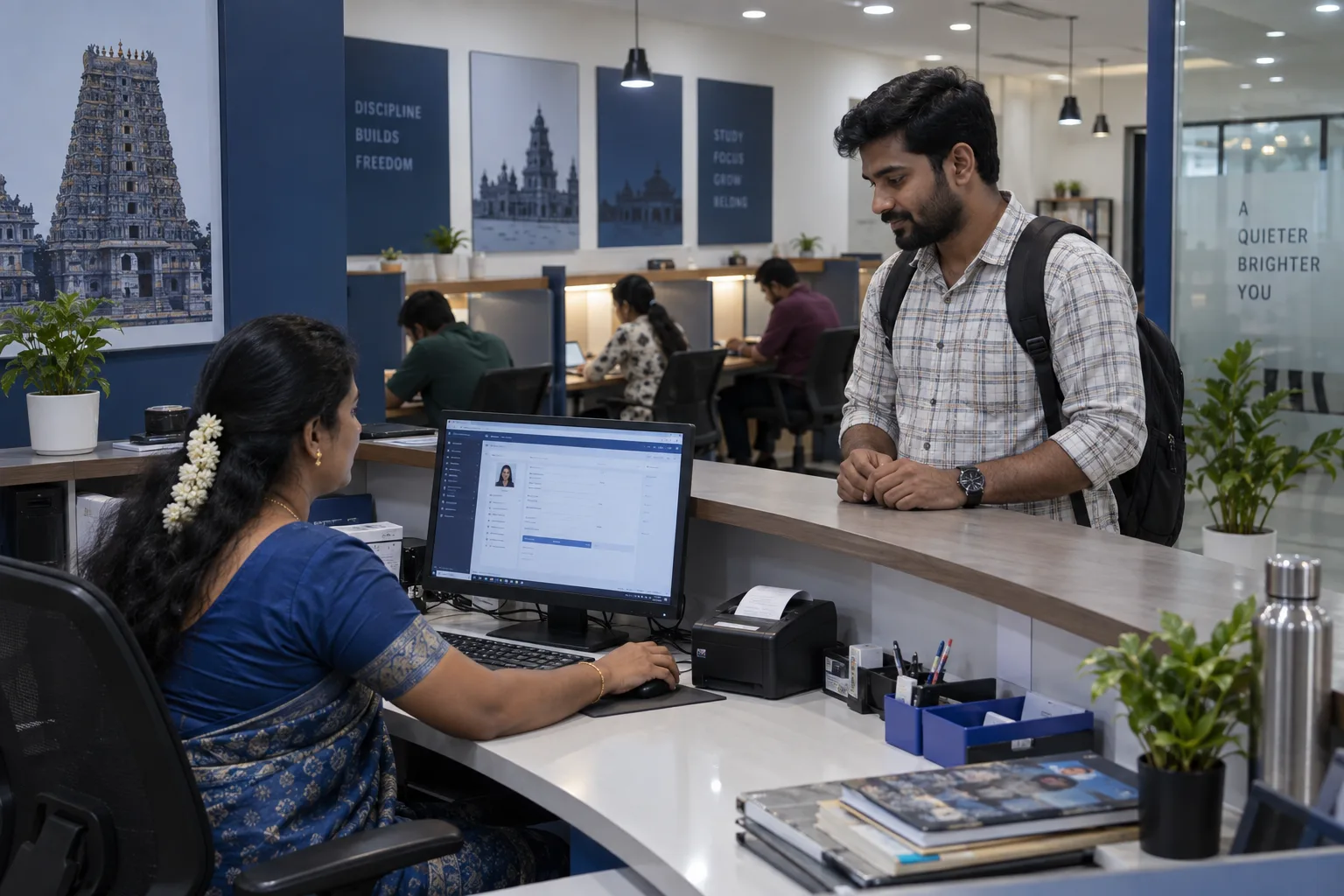 Madurai study library staff managing membership and fee records at a front desk