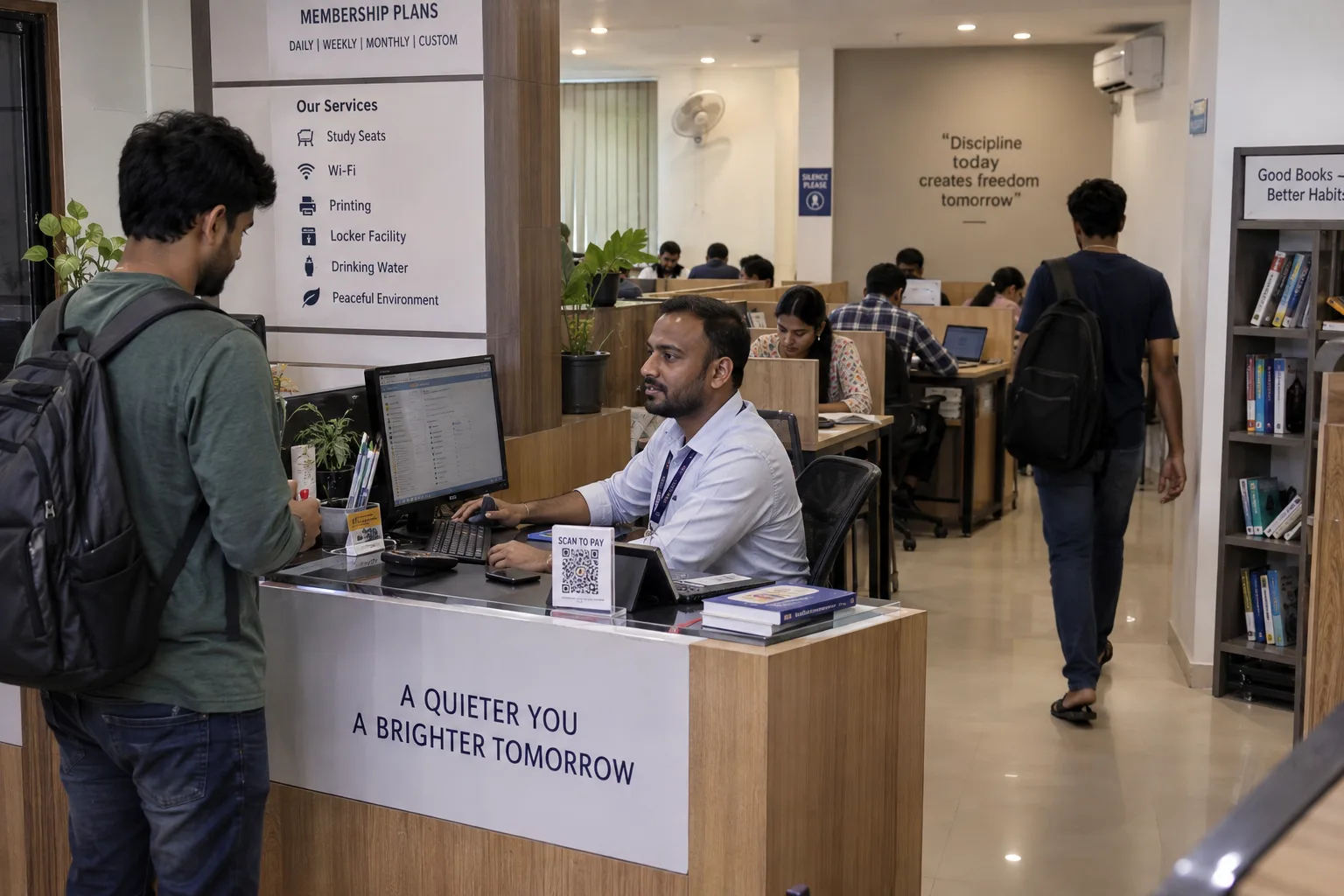 Membership and front-desk operations at a paid study library in Mangaluru
