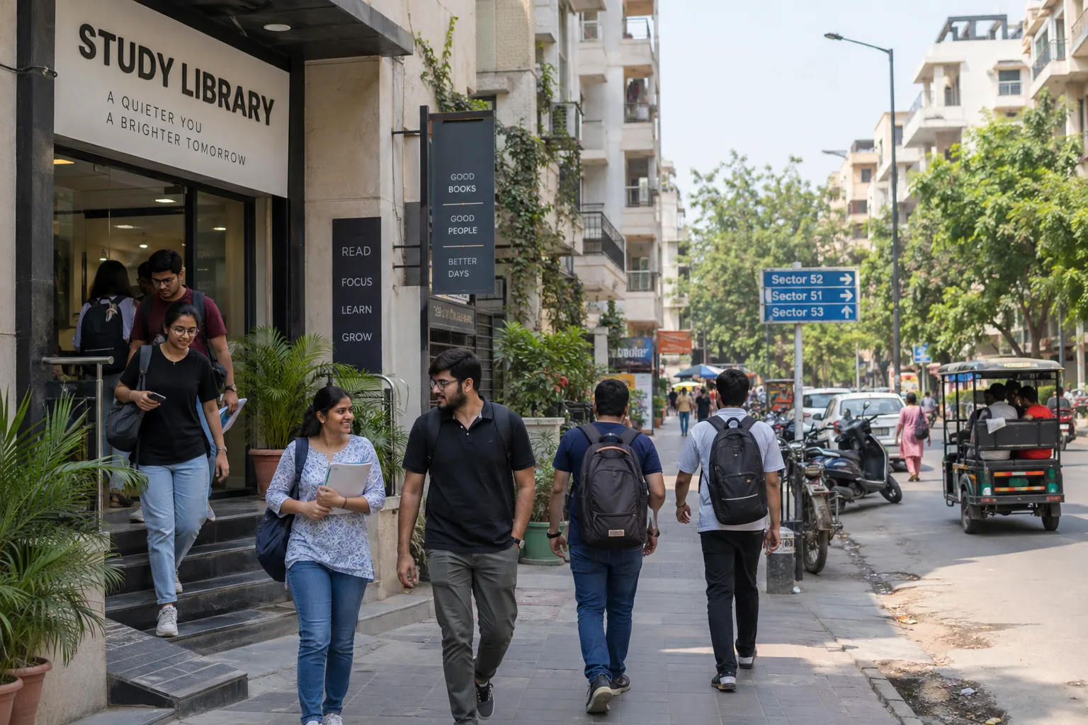 Young adult students, competitive exam aspirants and working learners near a paid study library in Noida
