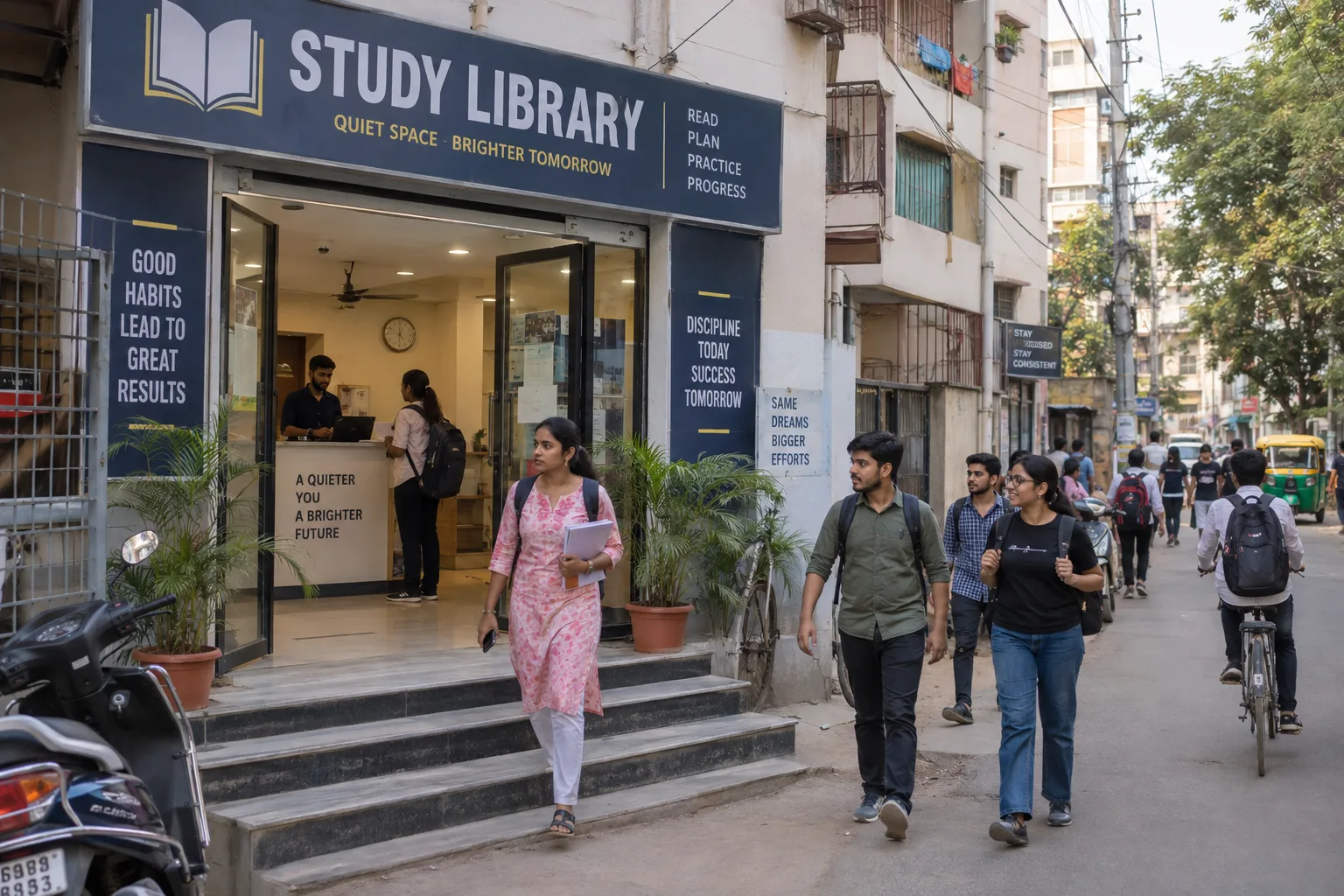 Young adult competitive exam aspirants near a study library in Patna