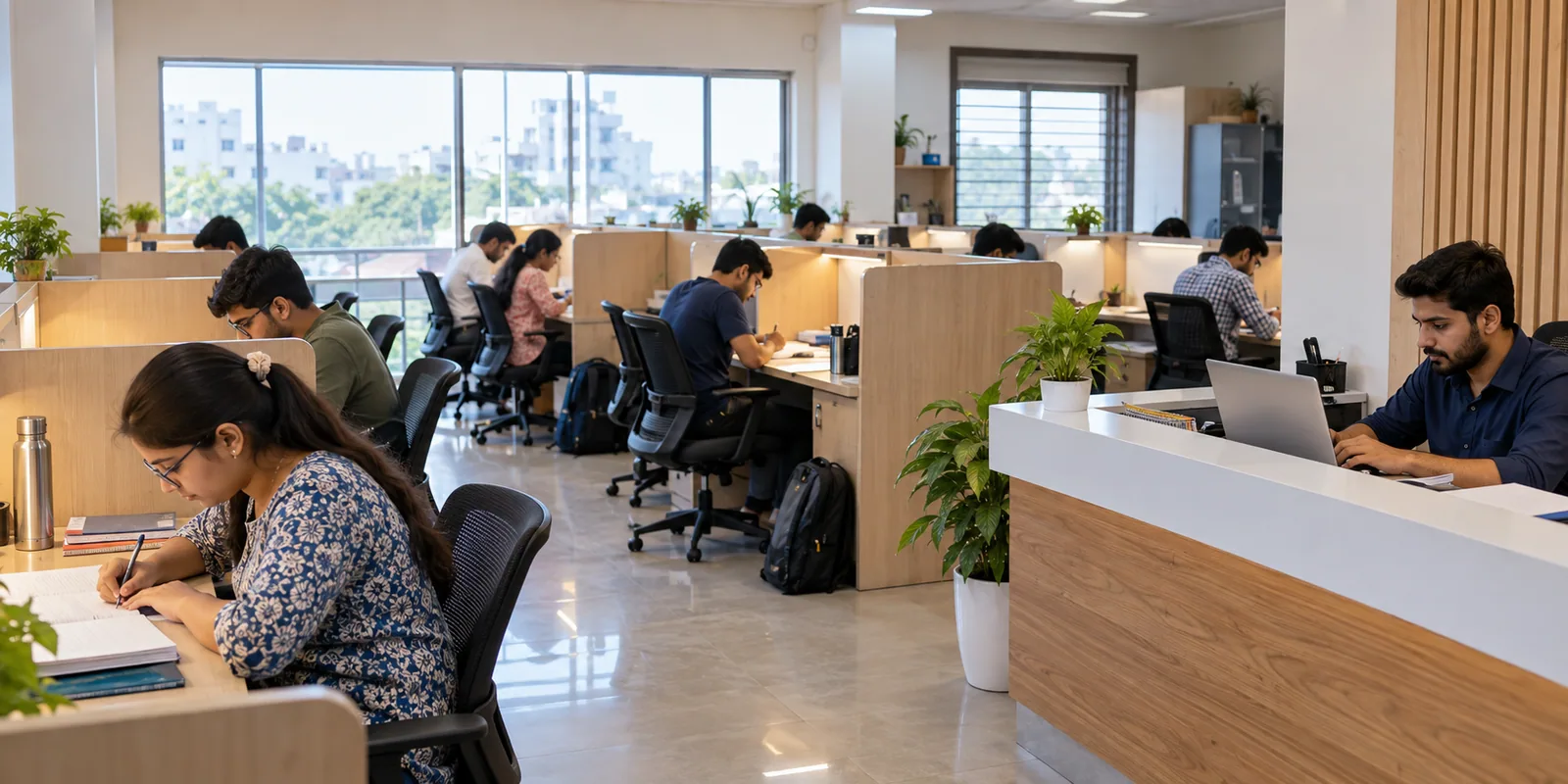 Adult members studying at individual desks while staff manage a paid study library in Rajkot