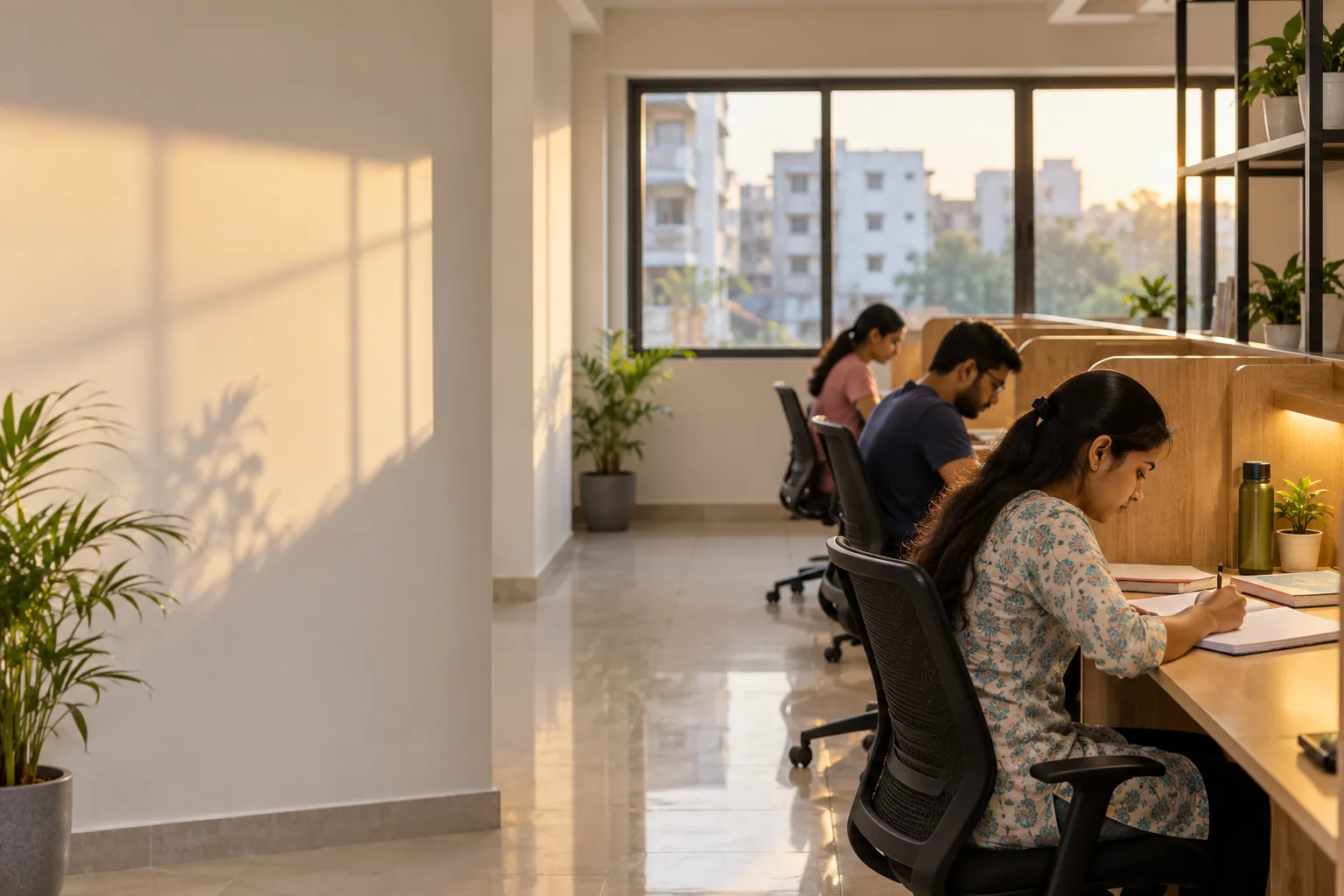 Adult learners studying in a modest reading room in a residential Surat neighbourhood