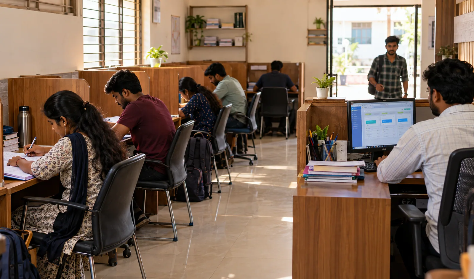 Modern paid study library in Tirupati with adult learners and staff operations