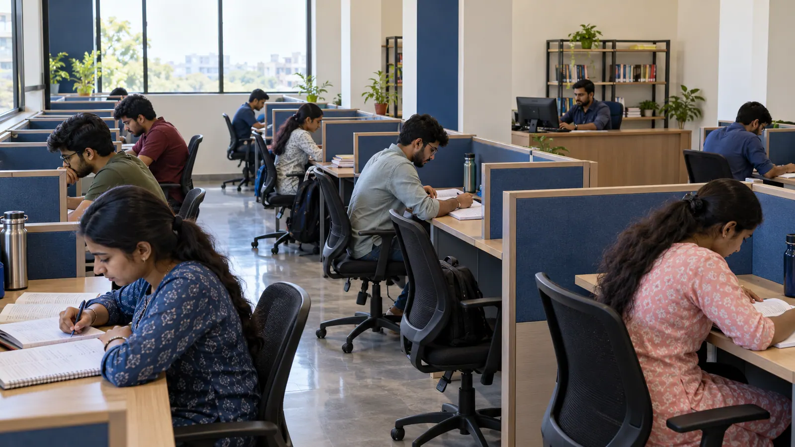 Adult learners studying at organized individual desks inside a contemporary study library in Warangal