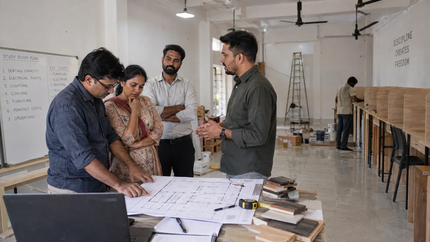 Entrepreneur planning a private study library business in India before opening