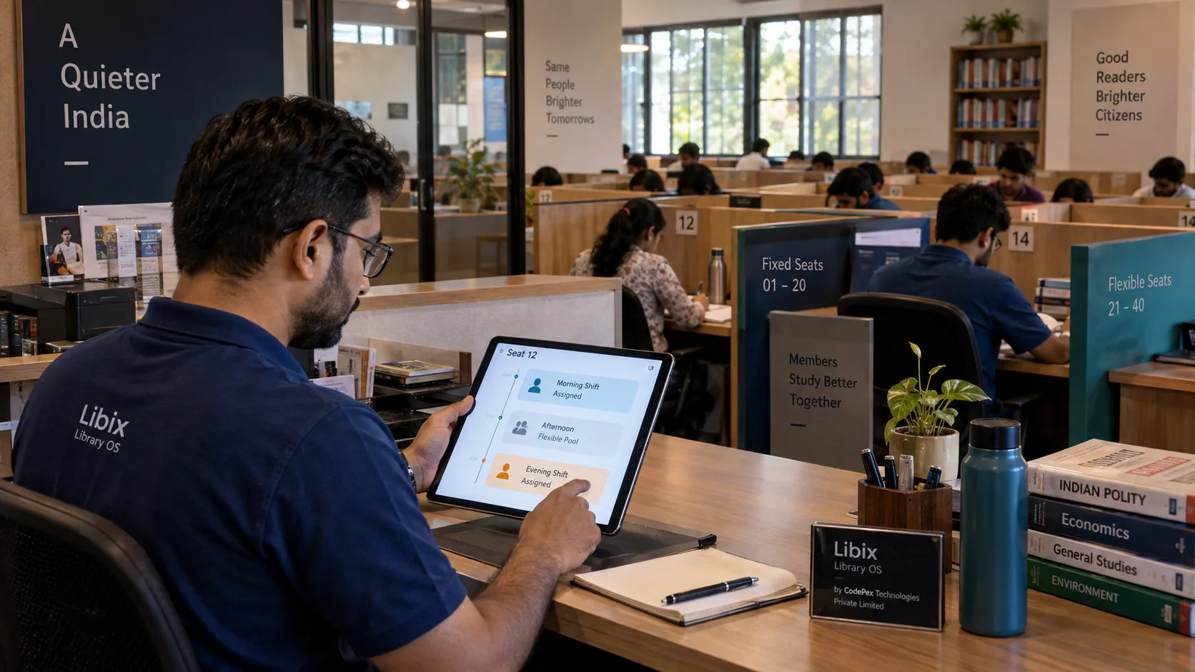 Hybrid study library seating with fixed and flexible zones managed across shifts