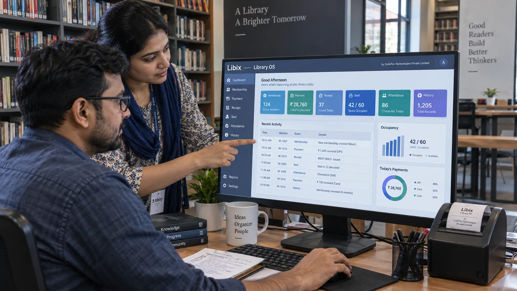 Study library staff using Libix Library OS across membership payment seat and attendance workflows