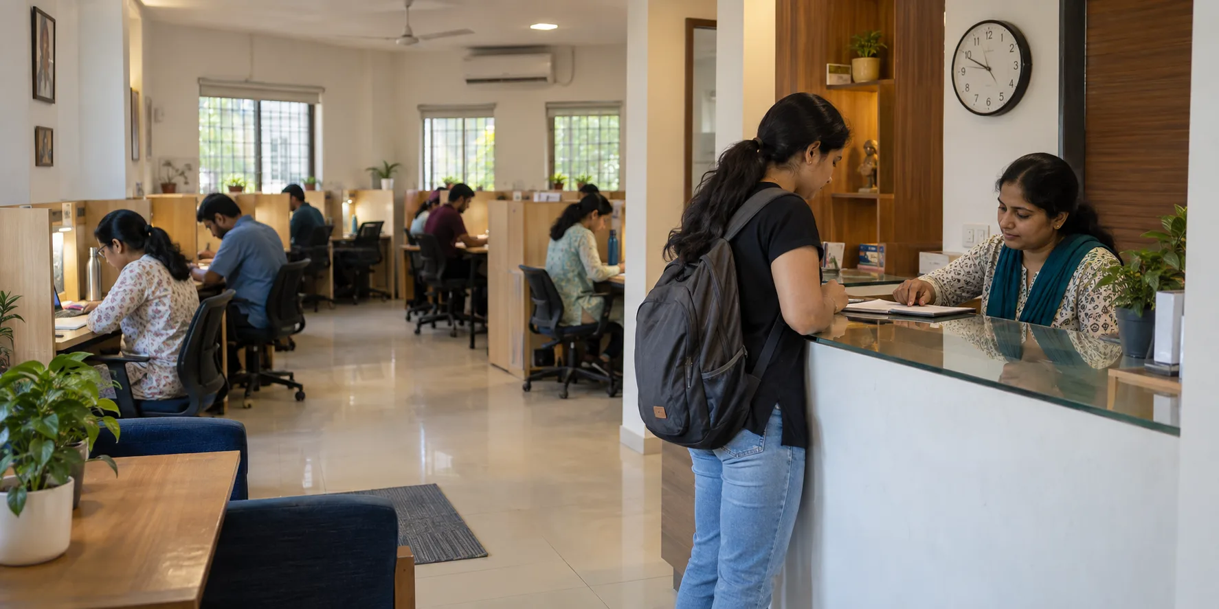 Adult staff member helping a study member at the reception of an Indian abhyasika