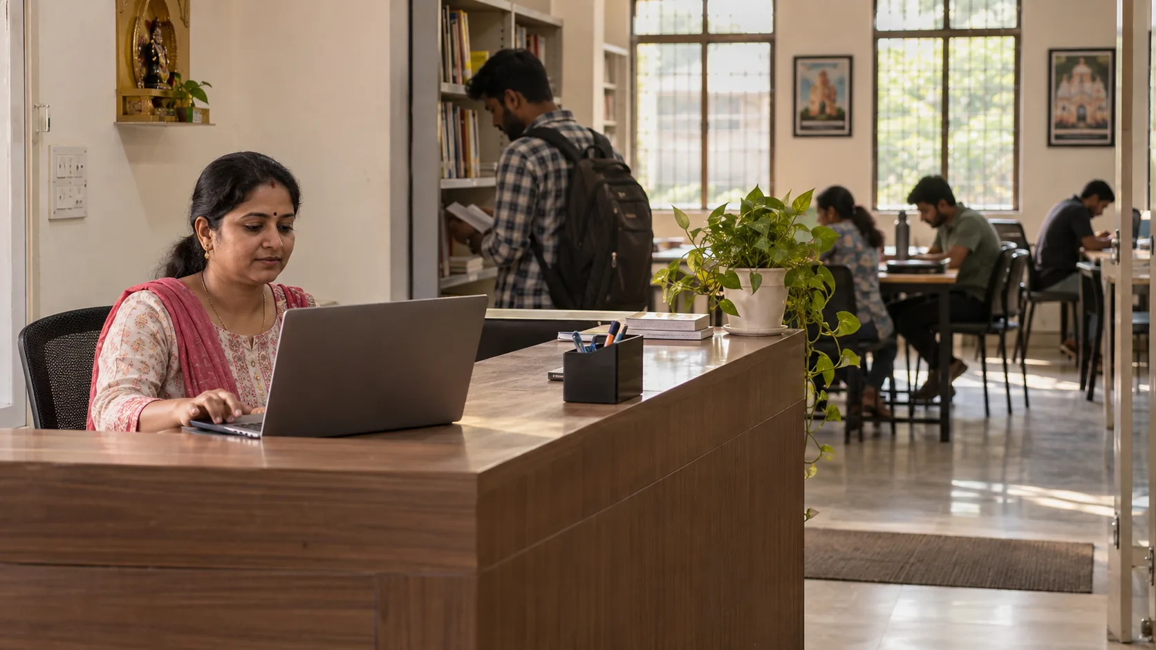Modest Indian study-library reception with staff using a laptop while members continue daily work