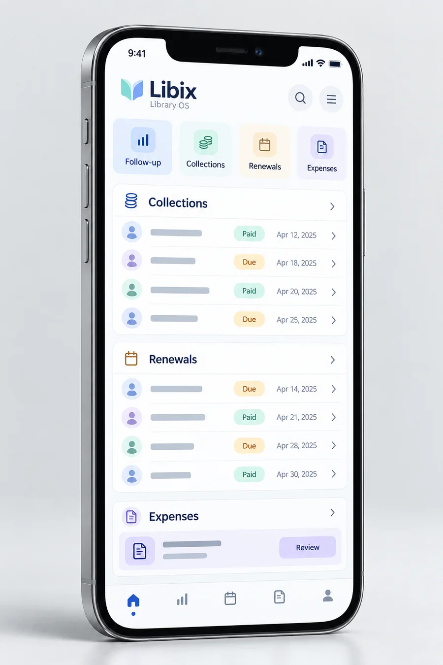 Libix Library OS mobile view for collection, renewal and expense follow-up