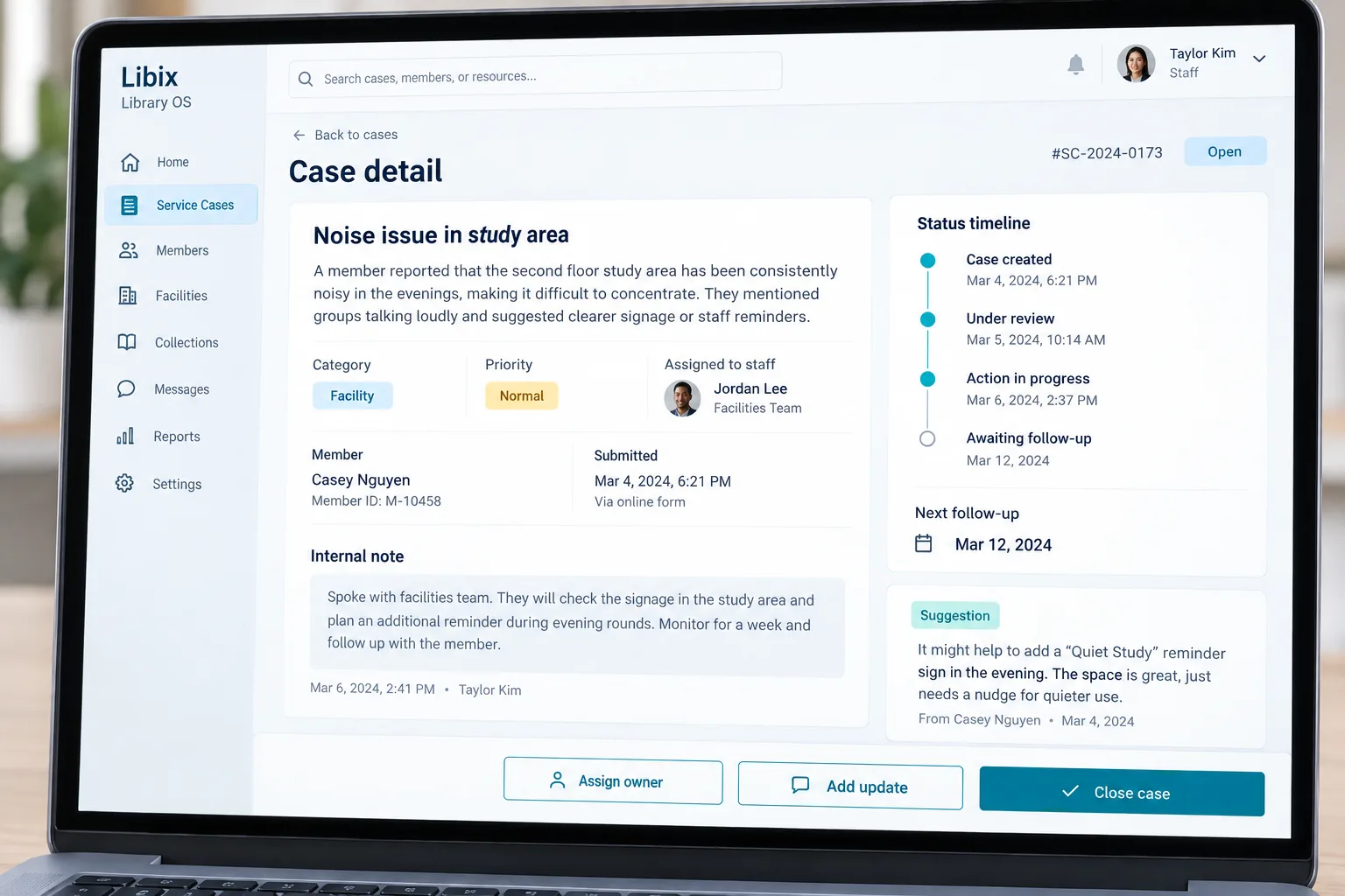 Libix Library OS focused complaint case review with status timeline and feedback suggestion