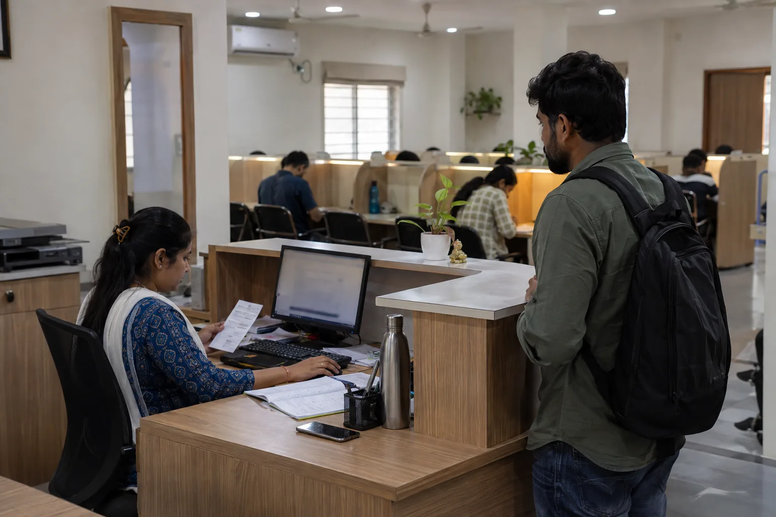 Indian study-library reception staff reviewing a fee follow-up with an adult member nearby