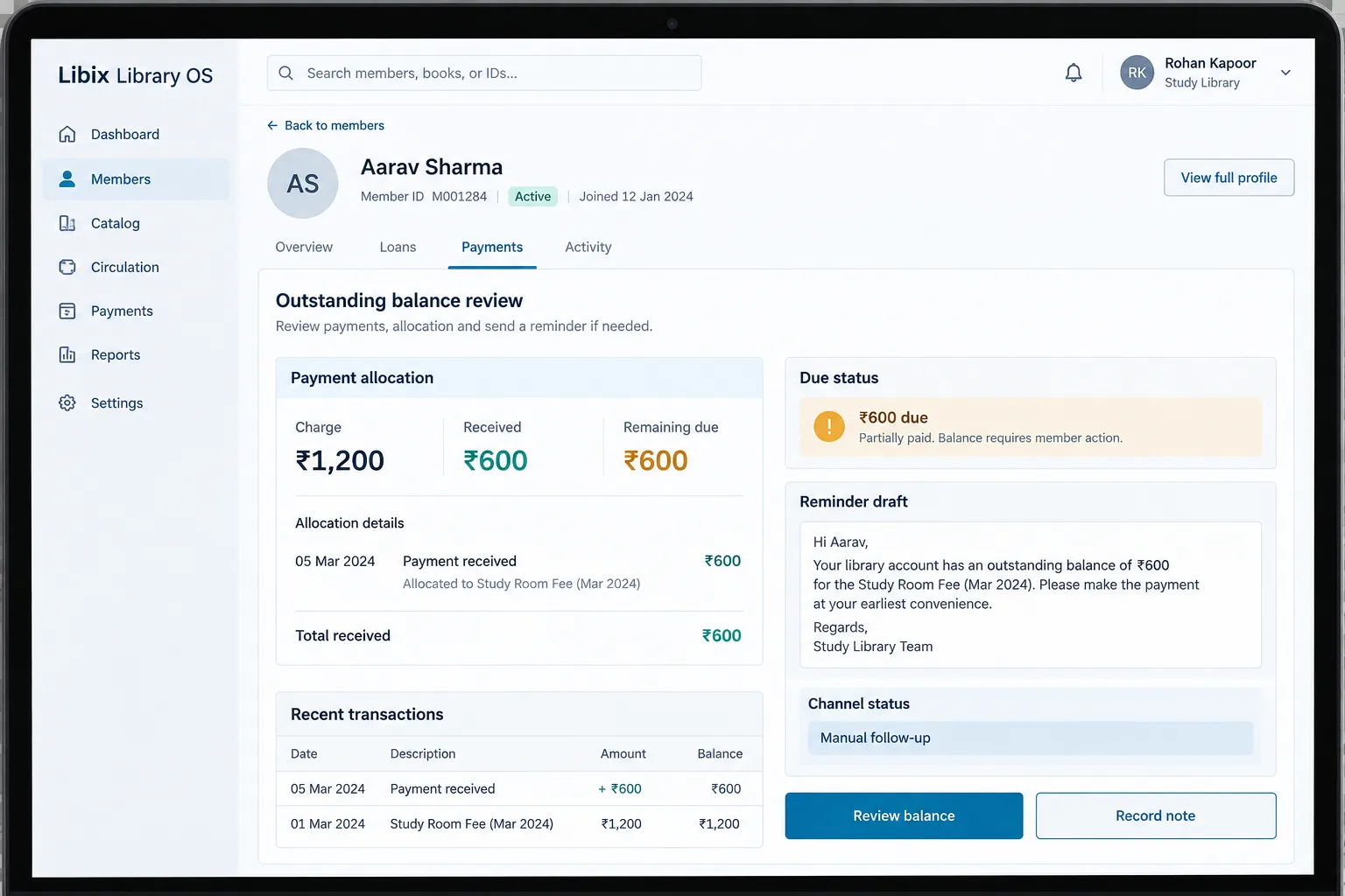 Libix Library OS payment allocation and outstanding balance review