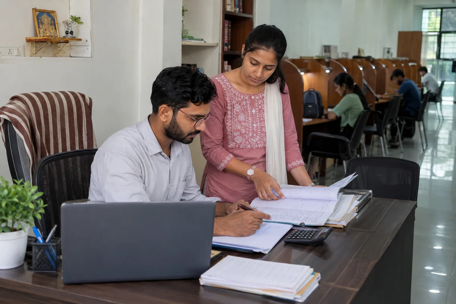 Indian study-library owner and staff reviewing collections and operating expenses