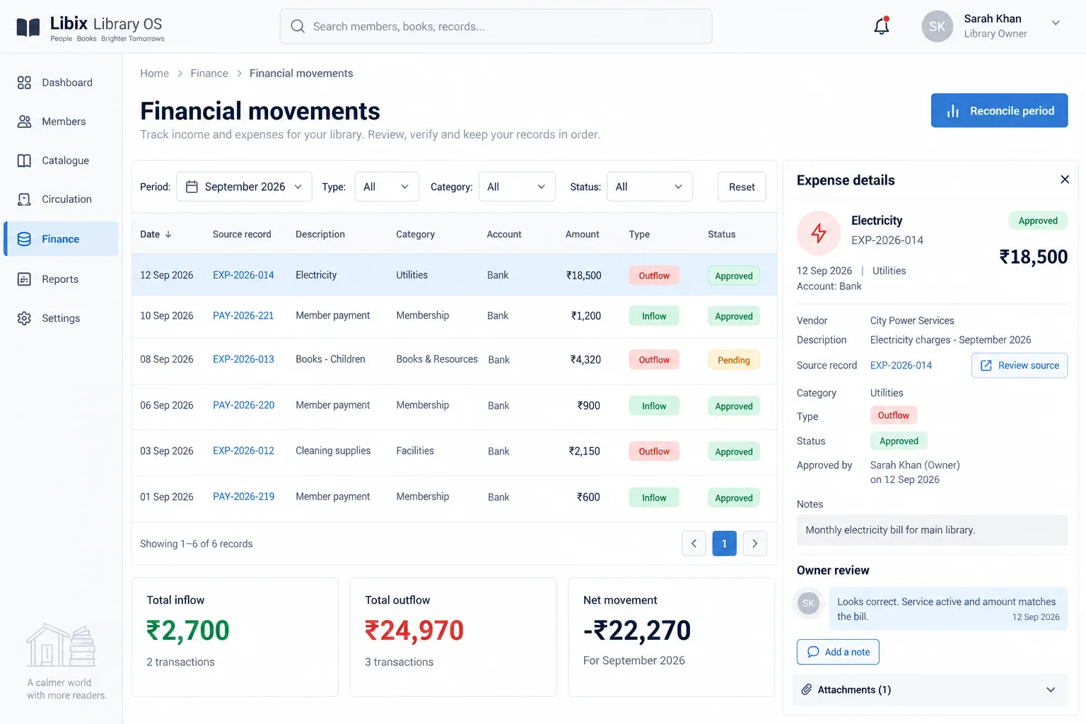 Libix Library OS financial movements table with expense details, account and owner review