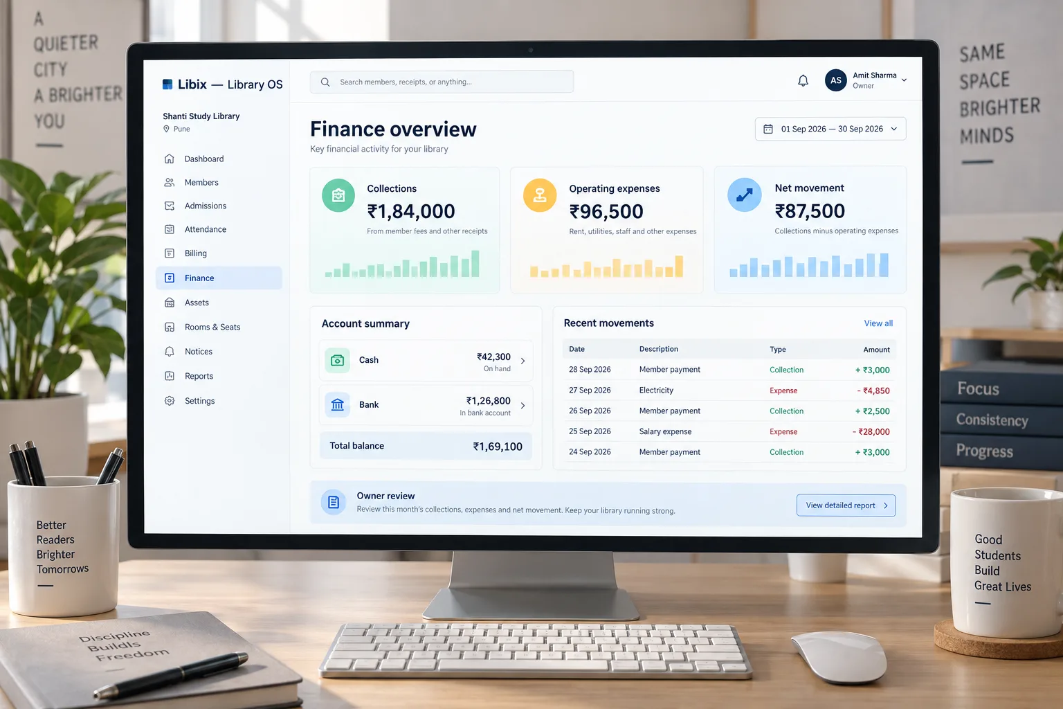 Libix Library OS finance overview showing collections, operating expenses and recent movements