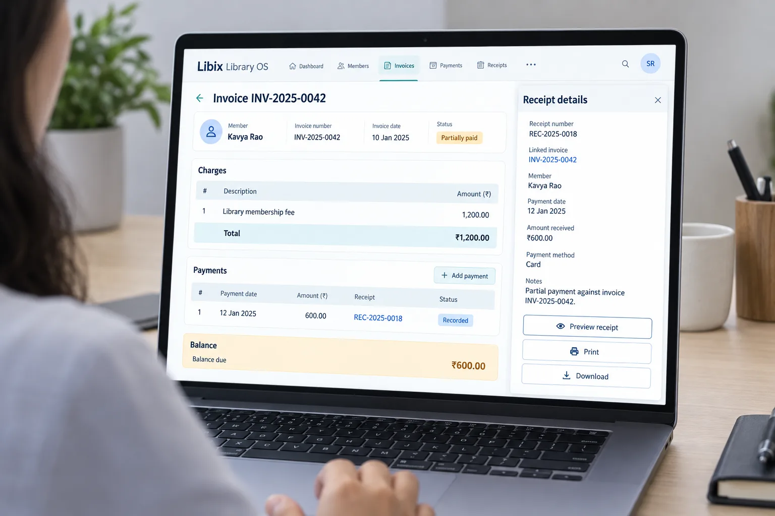 Libix Library OS focused payment allocation view showing a partial payment and receipt record