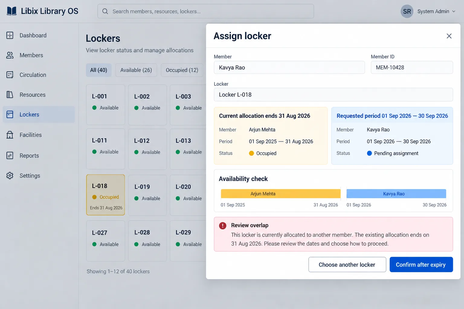 Libix Library OS locker assignment review showing an expiring allocation and a requested period