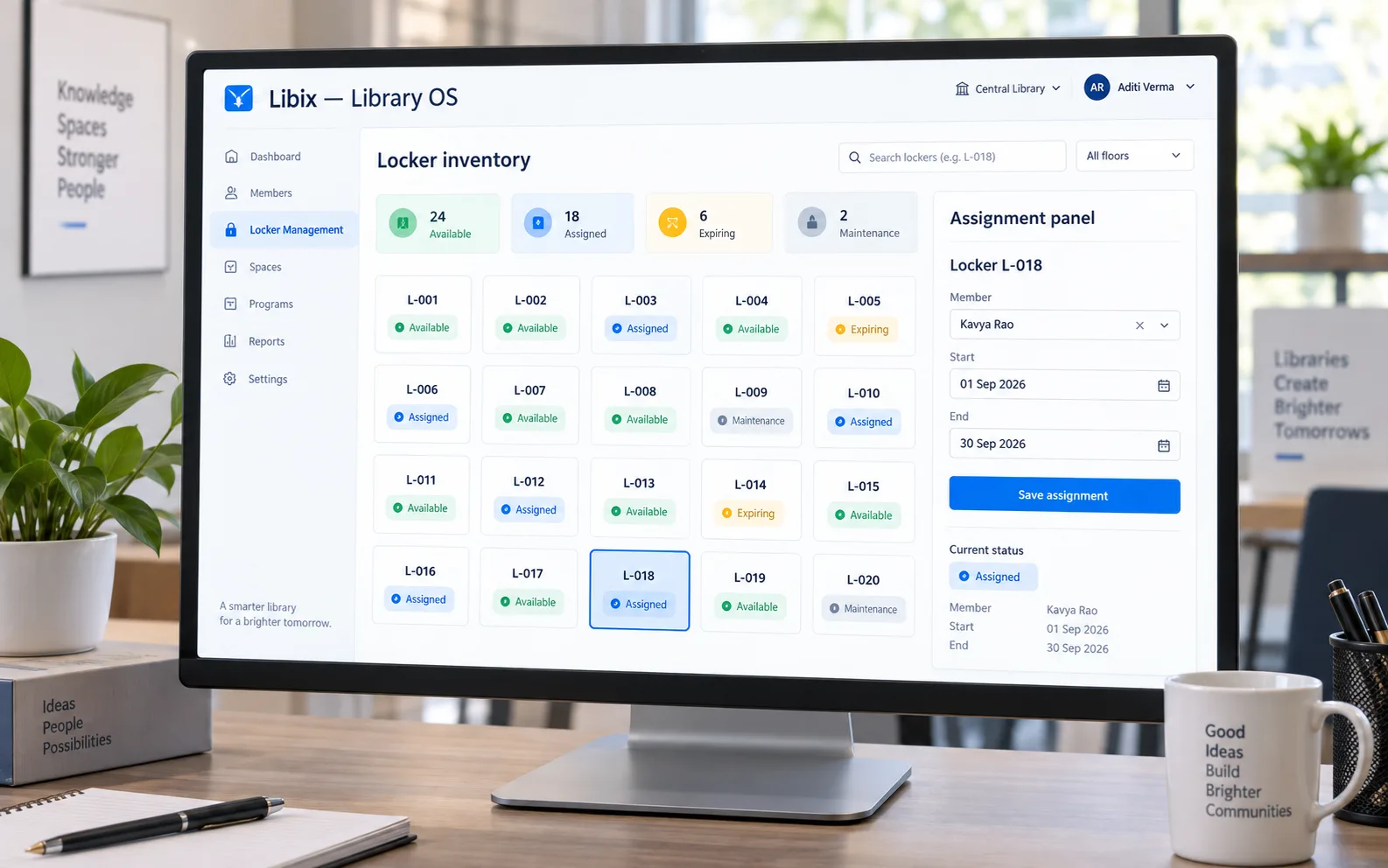 Libix Library OS locker inventory grid with assignment panel and locker states