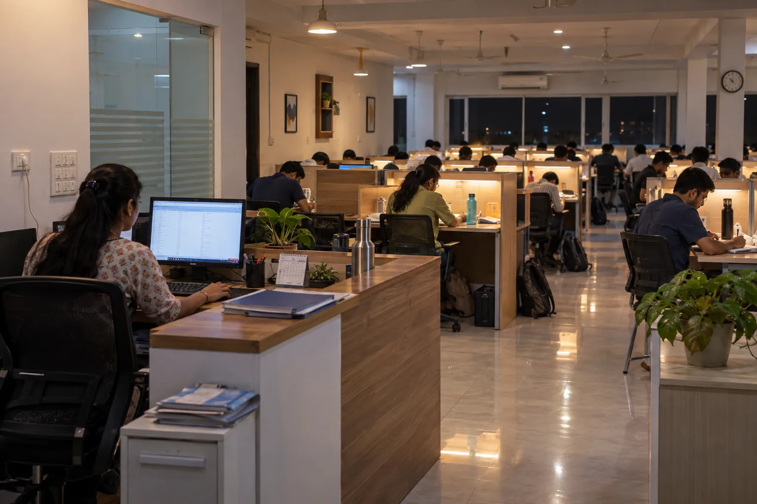 Ordinary Indian paid study library operating late in the evening with staff and adult members