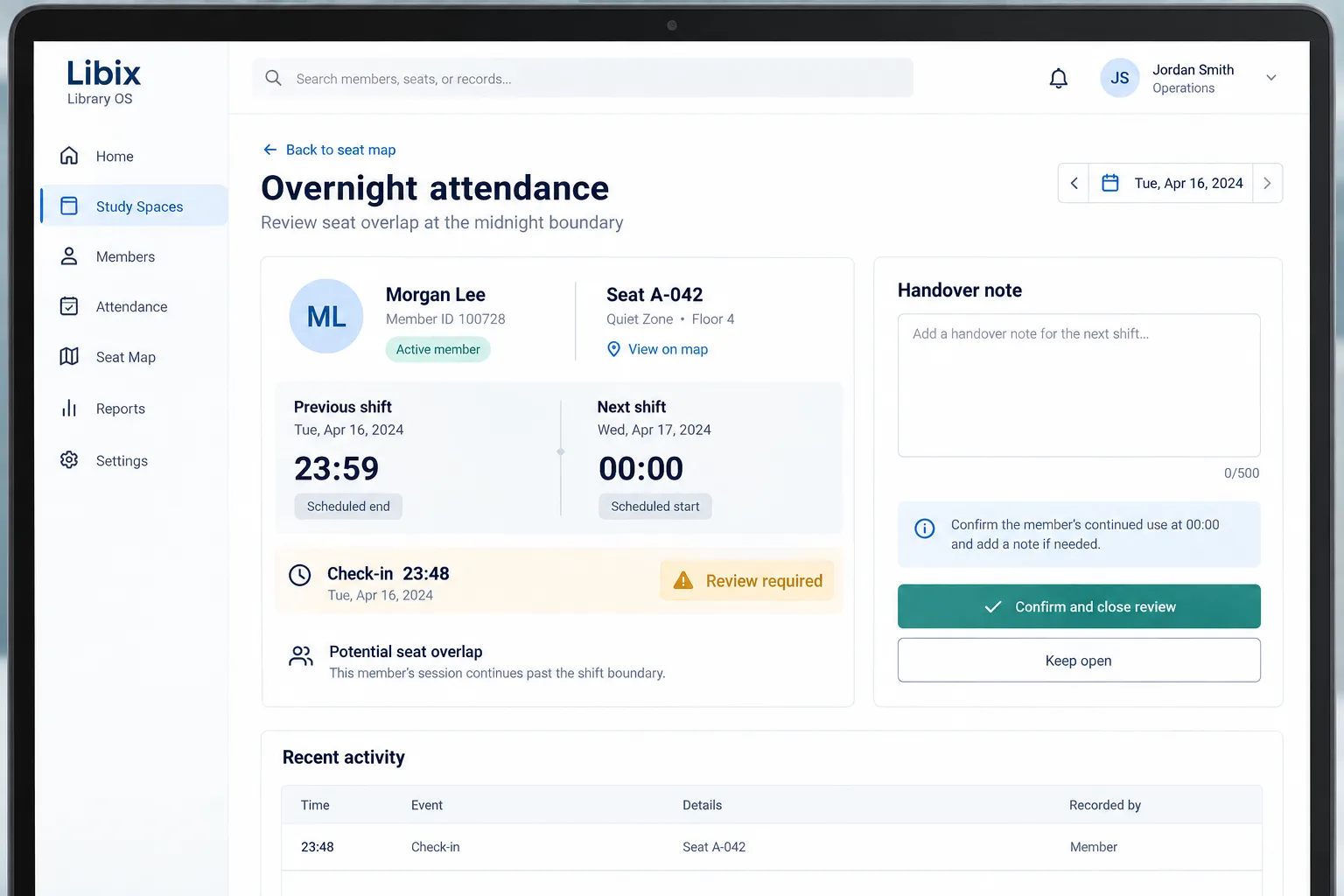 Libix Library OS overnight attendance and seat overlap review