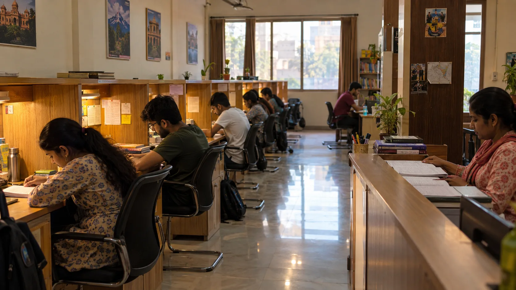 Ordinary Indian coaching-centre study room with students and staff activity
