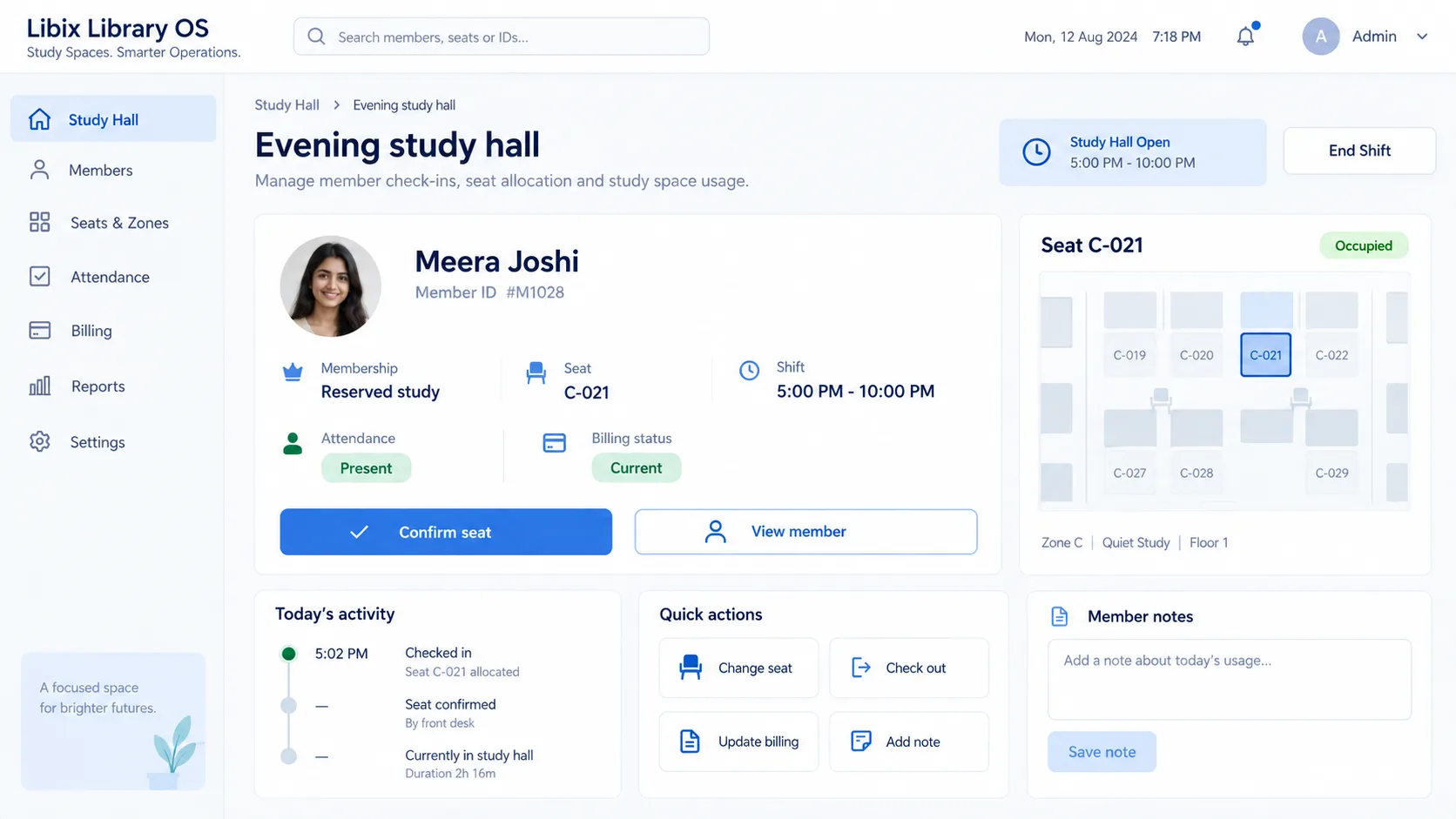 Libix Library OS evening study-hall allocation record