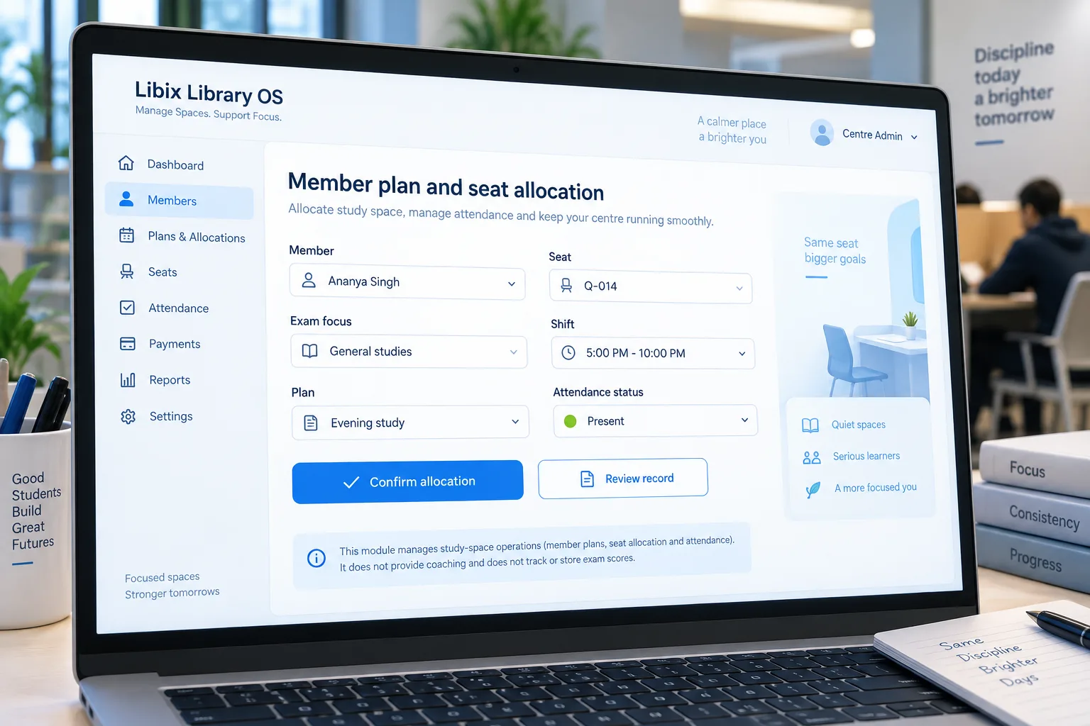 Libix Library OS member plan and seat allocation view with shift and attendance context