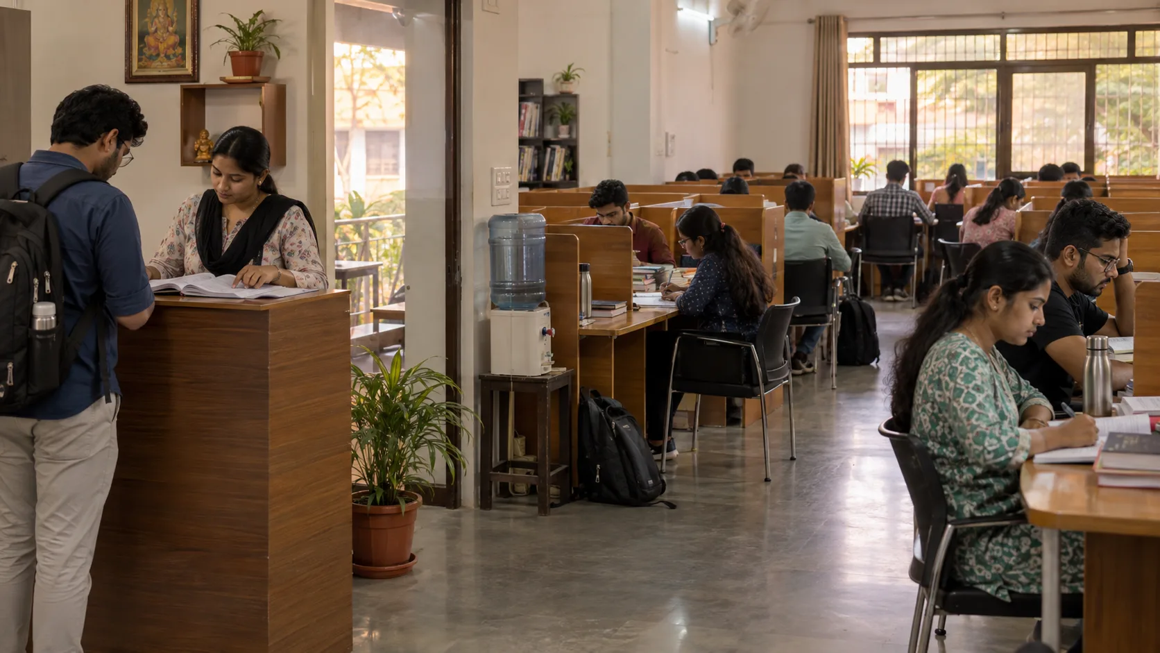 Adult Indian competitive-exam aspirants studying in an ordinary paid study centre with reception support