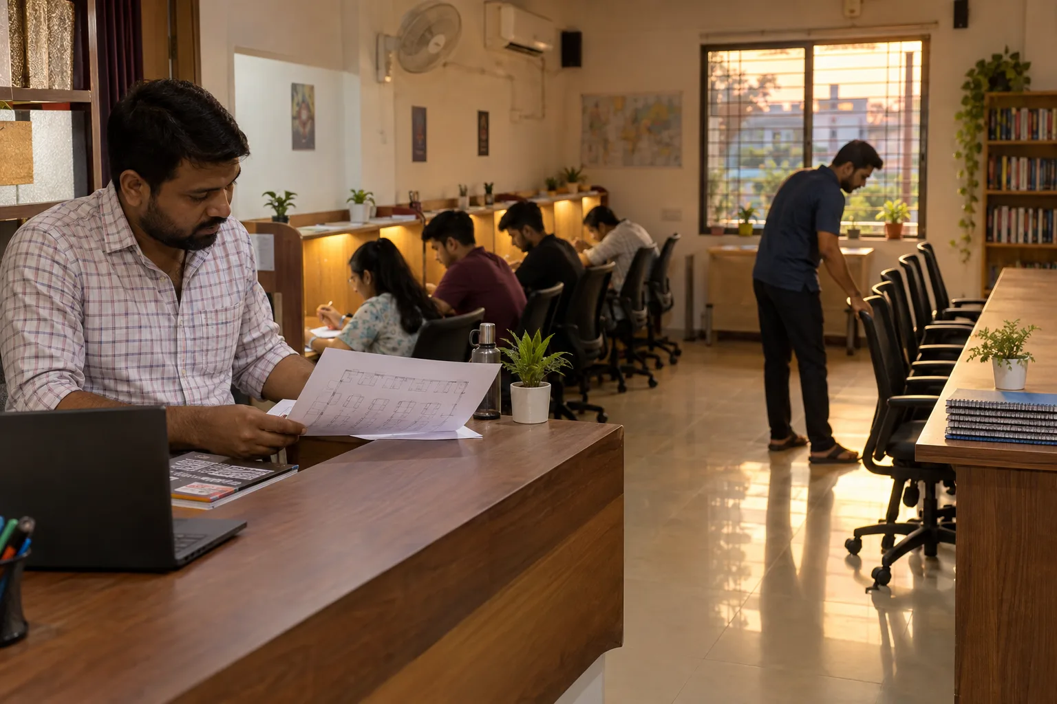 Small functional Indian paid study space preparing more seats and an evening shift
