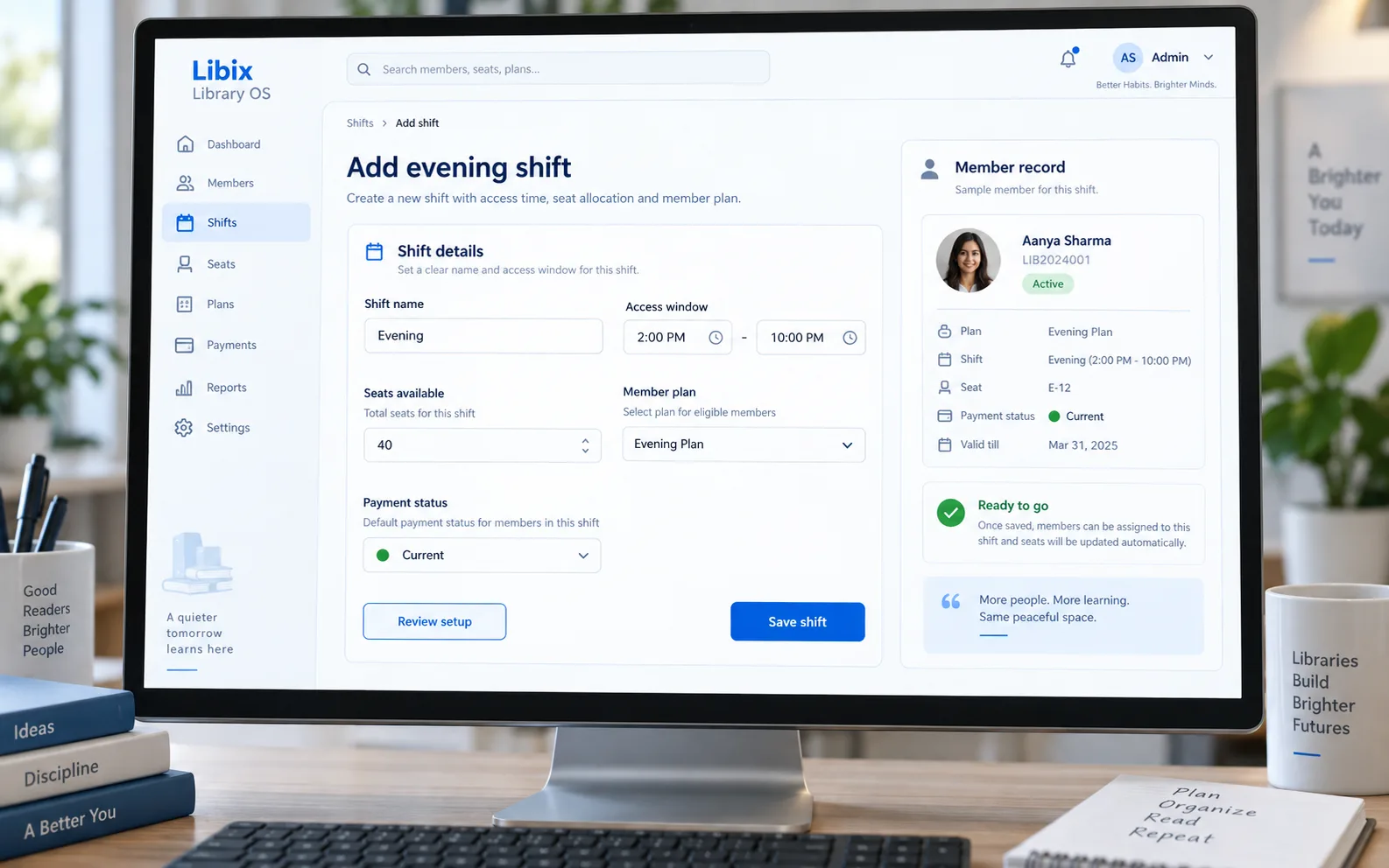 Libix Library OS shift setup with evening access window, seats, plan and payment context