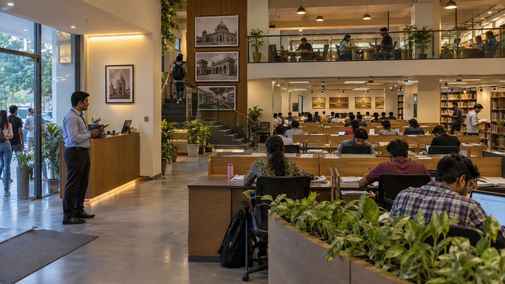 Large ordinary Indian paid study facility with multiple study areas and staff activity